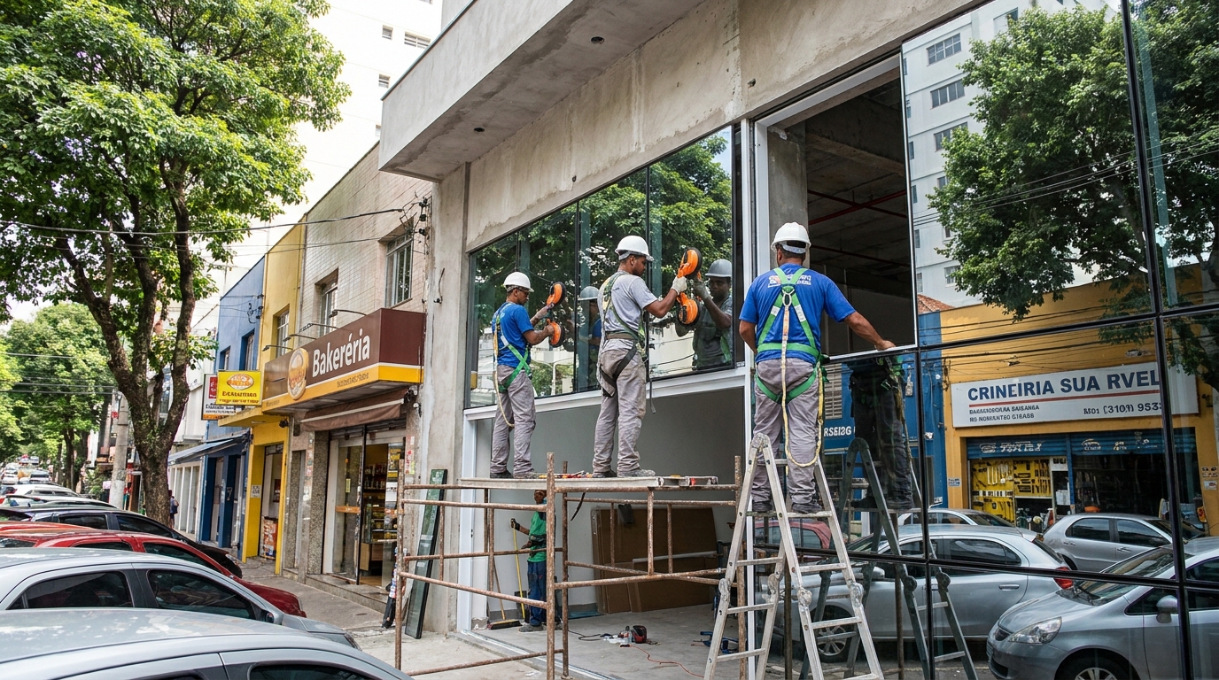 Fachada de vidro com confeitaria vizinha em São José do Rio Preto-SP