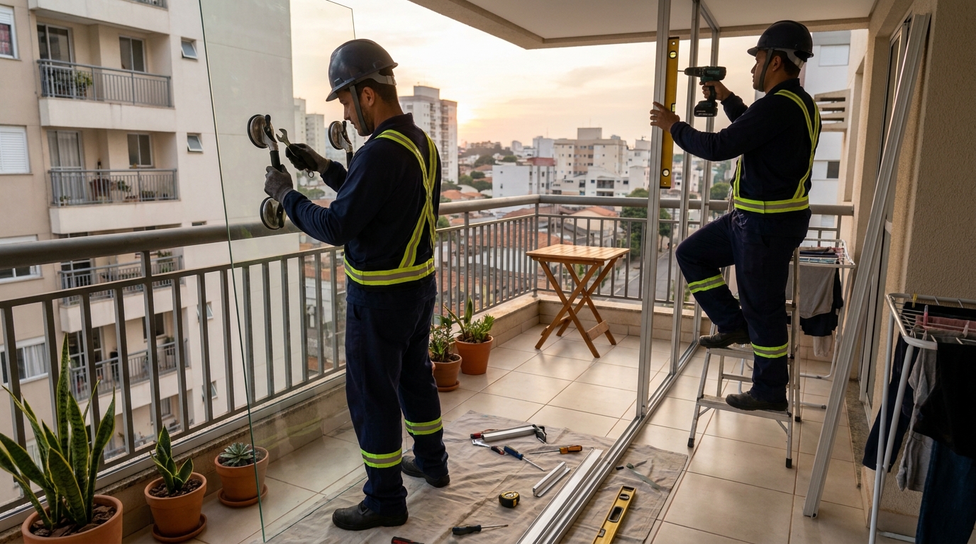 Instalação de parede de vidro em sacada em São José do Rio Preto-SP