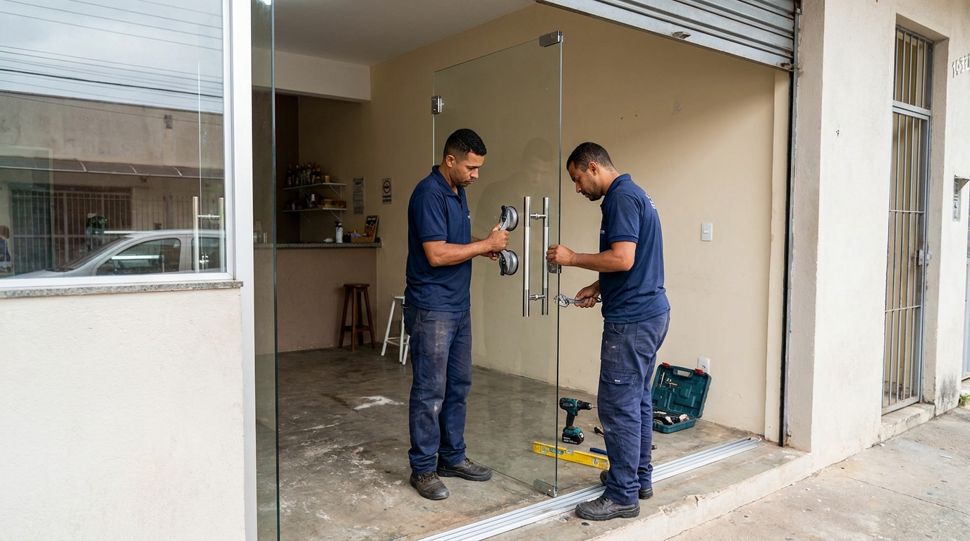 Dupla instalando porta de vidro em loja em São José do Rio Preto-SP